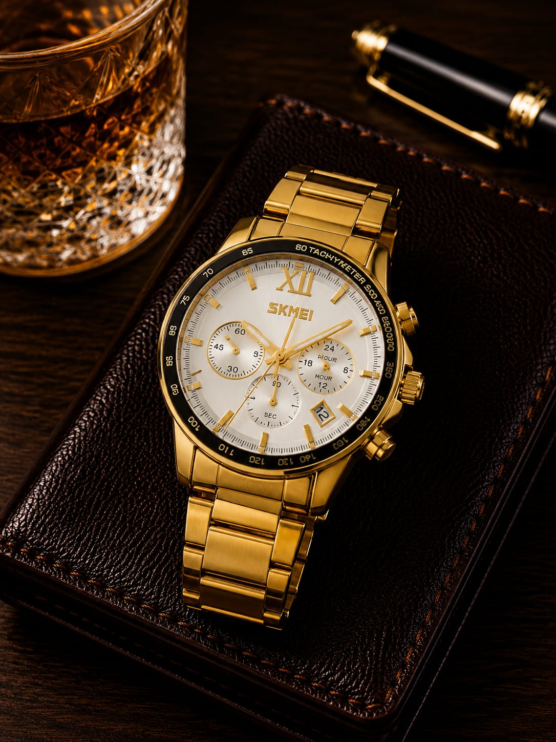 Relógio Masculino Cronógrafo Dourado 9096DD