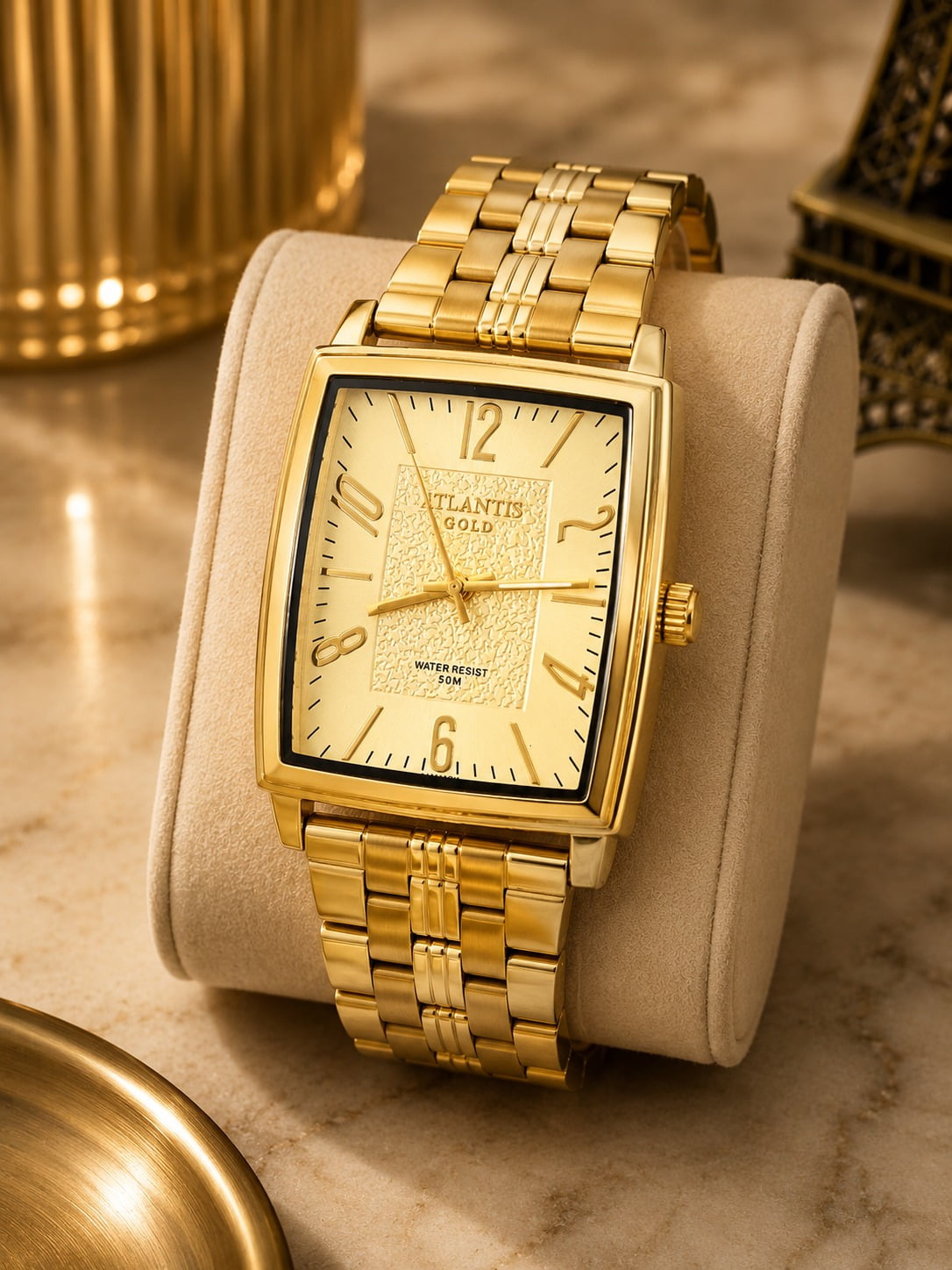 Relógio Atlantis Quadrado G3466 Fundo Dourado
