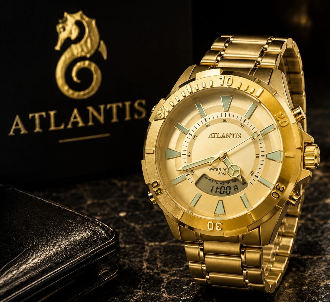 Relógio Banhado a Ouro Atlantis Gold Anadigi Dourado