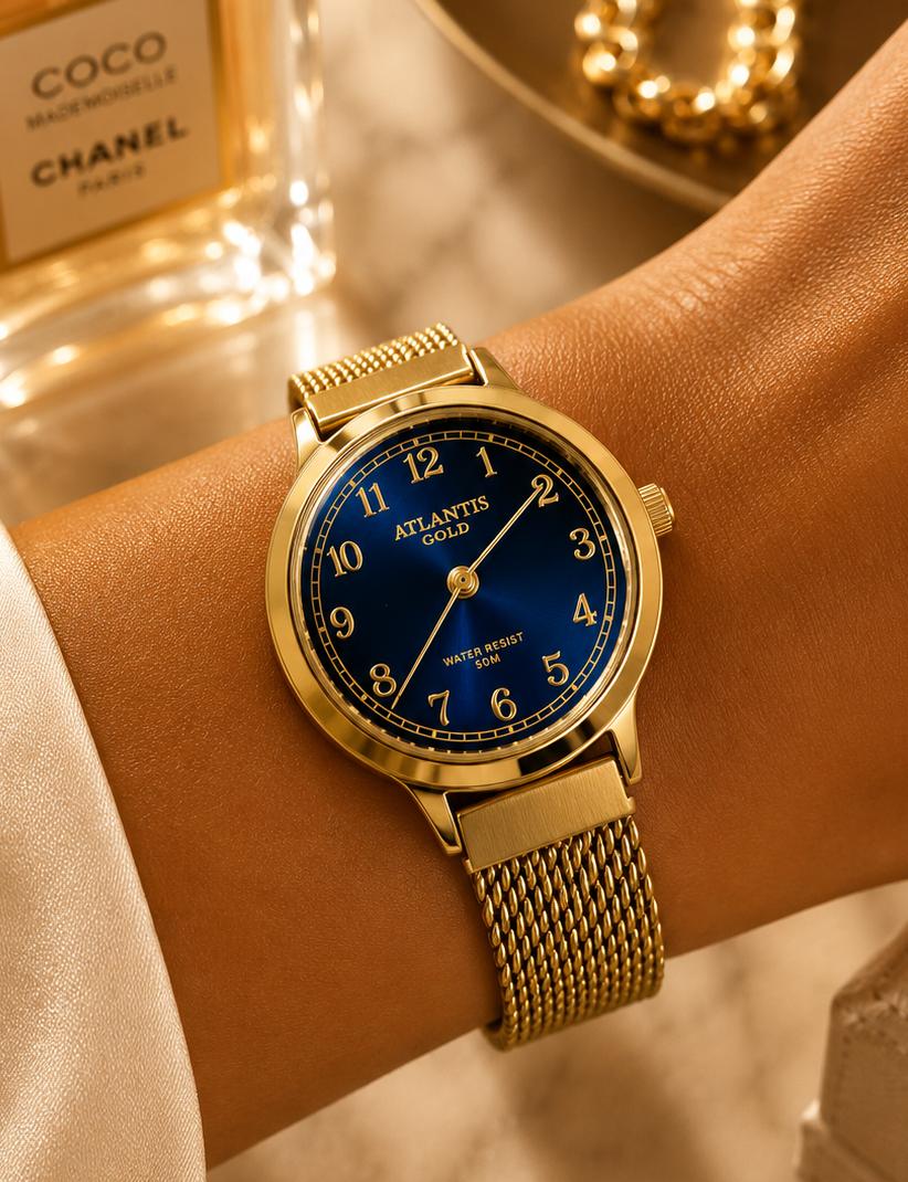Relógio Banhado a Ouro Atlantis Gold W8117a Azul