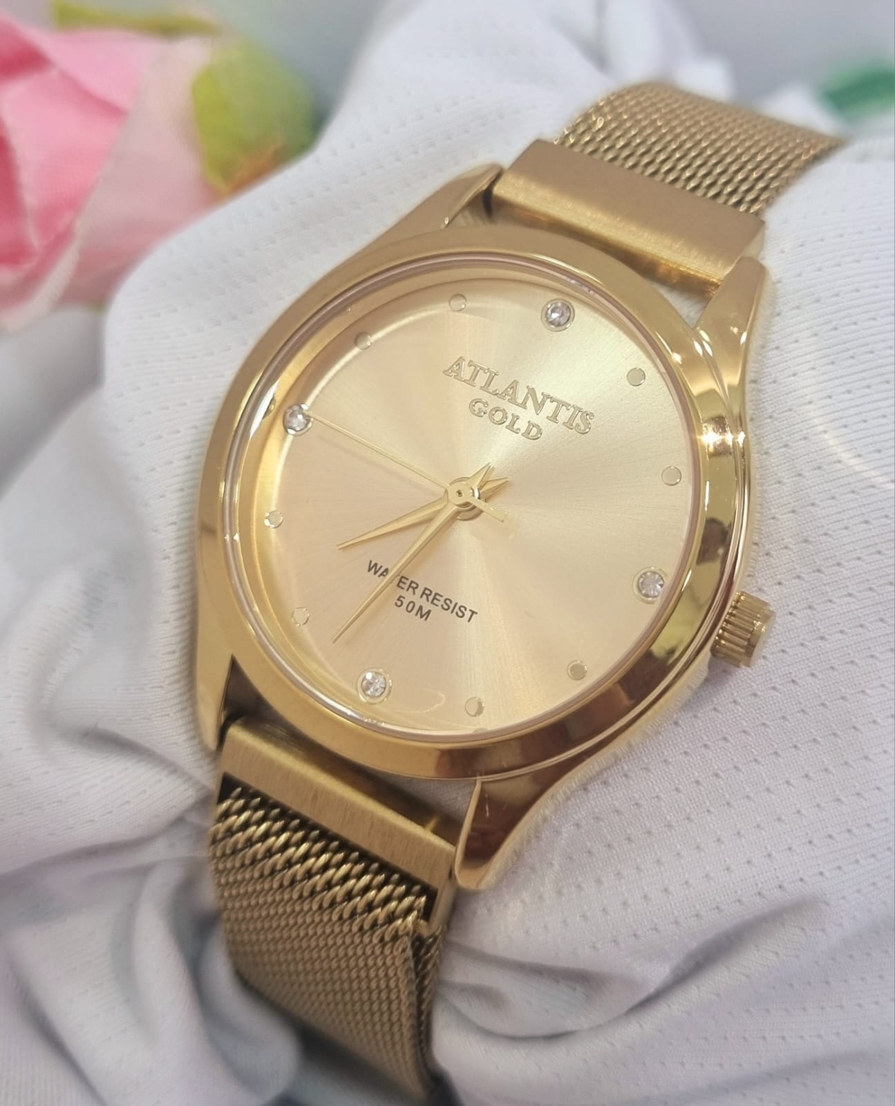 Relógio Banhado a Ouro Atlantis W8001 esteira Champanhe
