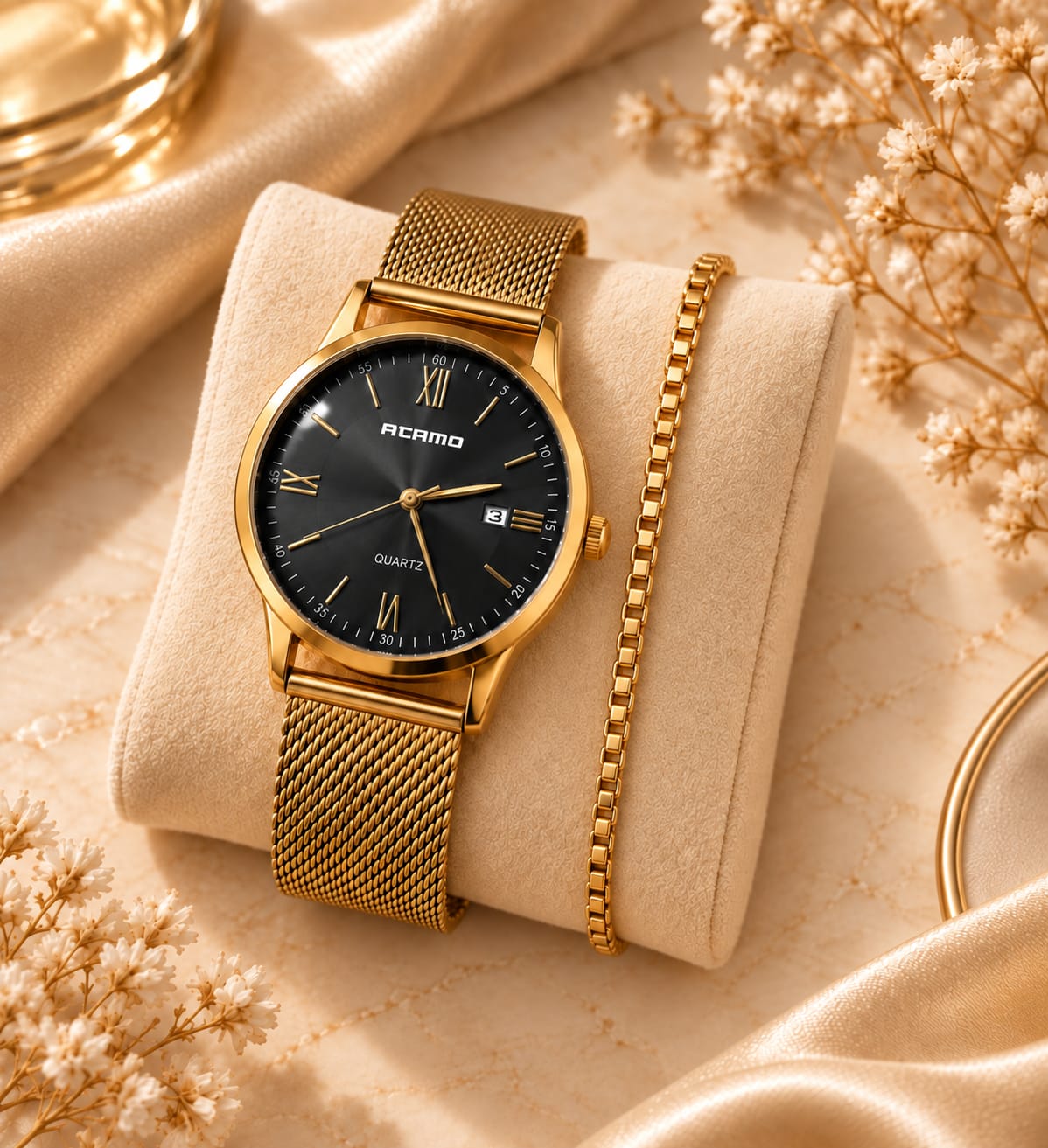 Relógio Feminino Pulseira Esteira Banhado a Ouro Atomo 9002k4