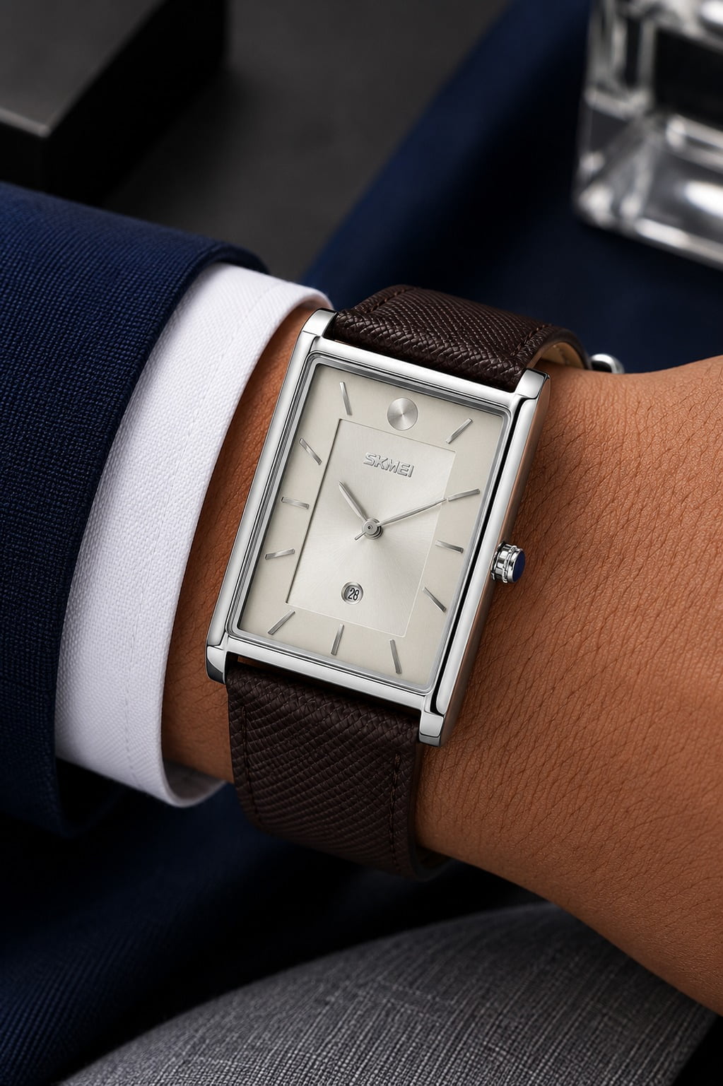 Relógio Masculino Couro Skmei 9256 Prata e Branco