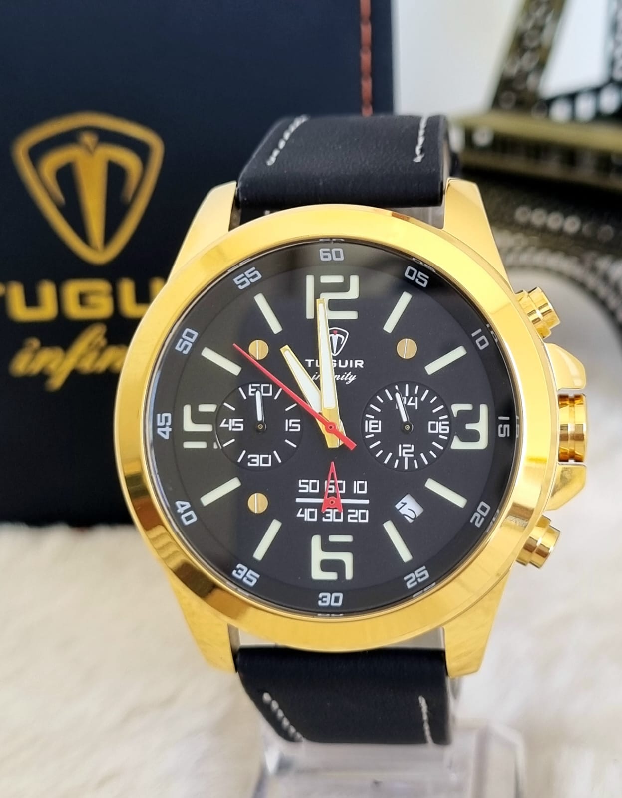 Relógio Masculino em Aço Pulseira em Couro Cronógrafo Tuguir TGI37036