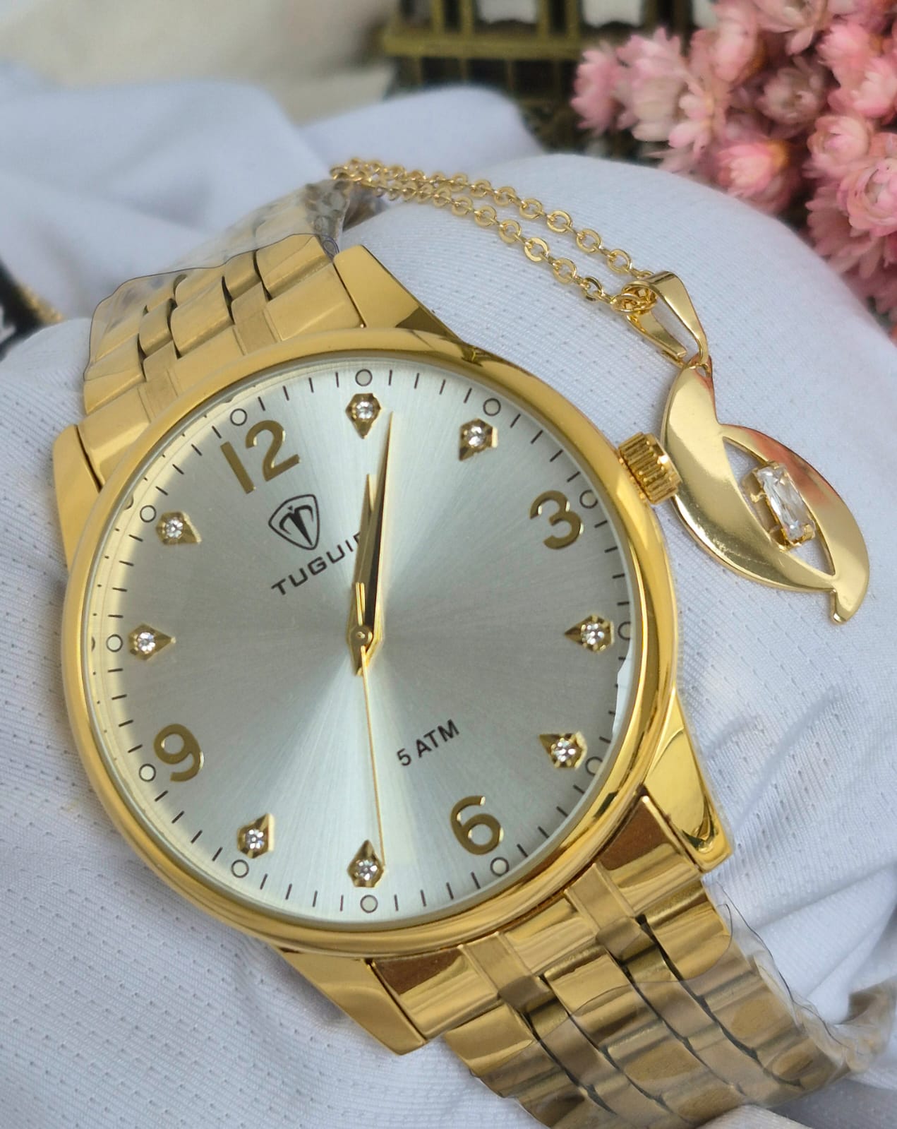 Relógio Tuguir Feminino Dourado Kit TG35105