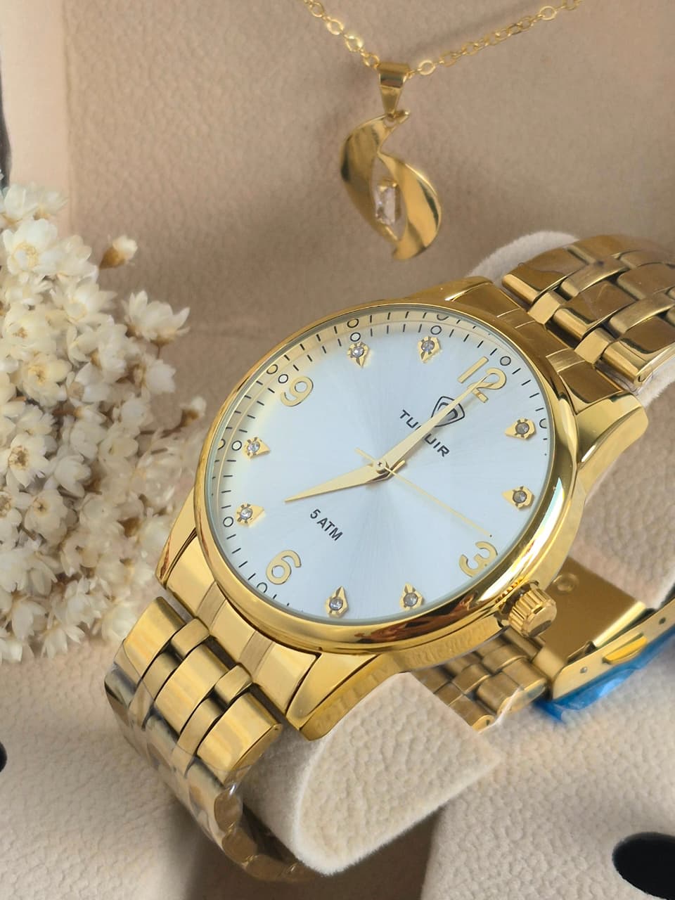 Relógio Tuguir Feminino Dourado Kit TG35105