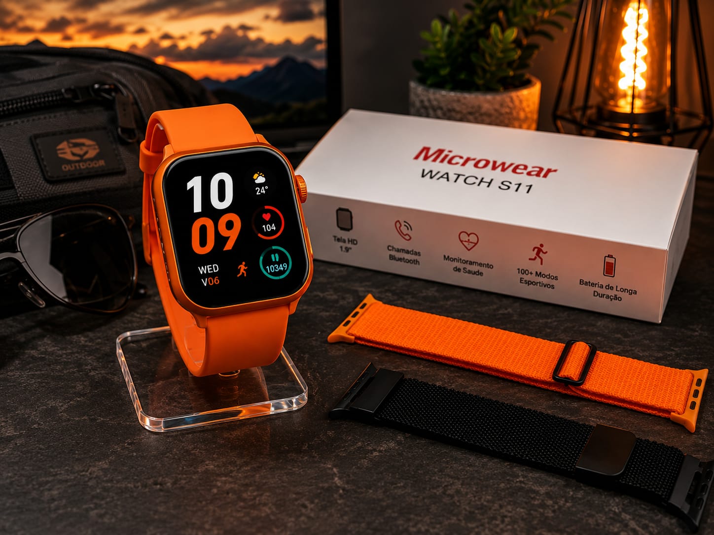 Relógio Smartwatch S11 Microwear laranjado 3 pulseiras