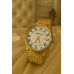 Relógio Feminino Pulseira Esteira Banhado a Ouro Atomo 9187DBk2