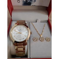Relógio Champion Dourado Feminino + Colar E Brinco CN26573W