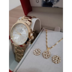 Relógio Champion Dourado Feminino + Colar E Brinco CN26573W
