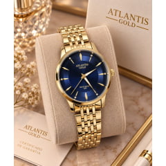 Relógio Atlantis Dourado G8082azul Relógio Atlantis Dourado G8082azul