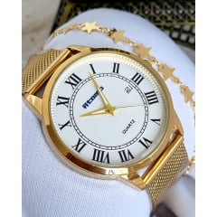 Relógio Feminino Pulseira Esteira Banhado a Ouro Atomo 9187DBk3