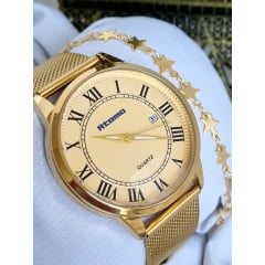 Relógio Feminino Pulseira Esteira Banhado a Ouro Atomo k1