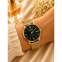 Relógio Feminino Pulseira Esteira Banhado a Ouro Atomo 9002