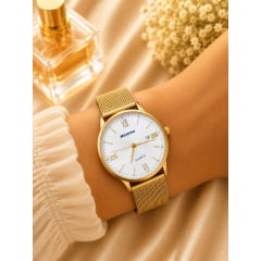 Relógio Feminino Pulseira Esteira Banhado a Ouro Atomo 9002BD