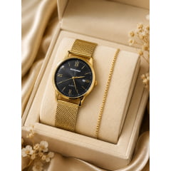 Relógio Feminino Pulseira Esteira Banhado a Ouro Atomo 9002k4