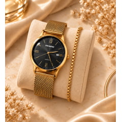 Relógio Feminino Pulseira Esteira Banhado a Ouro Atomo 9002k4 Relógio Feminino Pulseira Esteira Banhado a Ouro Atomo 9002k4