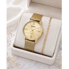 Relógio Feminino Pulseira Esteira Banhado a Ouro Atomo 9002k5
