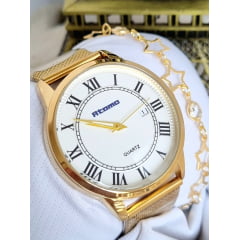Relógio Feminino Pulseira Esteira Banhado a Ouro Atomo 9187DBk