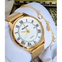 Relógio Feminino Pulseira Esteira Banhado a Ouro Atomo 9187DBk2
