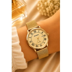 Relógio Feminino Pulseira Esteira Banhado a Ouro Atomo 9187DDD