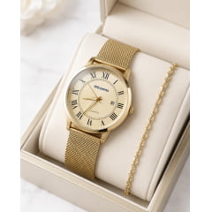 Relógio Feminino Pulseira Esteira Banhado a Ouro Atomo 9187k10