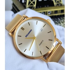Relógio Feminino Pulseira Esteira Banhado a Ouro Atomo 9161