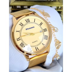 Relógio Feminino Pulseira Esteira Banhado a Ouro Atomo k2