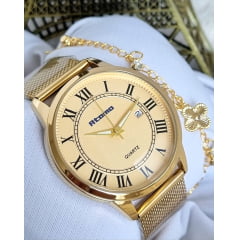 Relógio Feminino Pulseira Esteira Banhado a Ouro Atomo k3