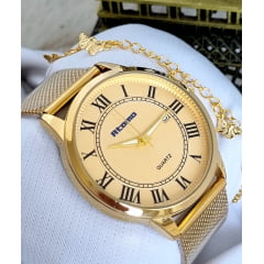 Relógio Feminino Pulseira Esteira Banhado a Ouro Atomo k5