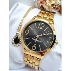 Kit Relógio Feminino Tuguir Dourado TG35032