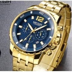 Relógio Masculino Dourado Megir Dial Azul