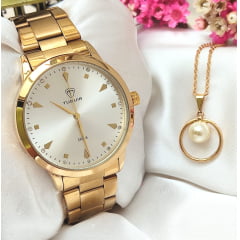 Kit Relógio Feminino Tuguir Dourado TG35028