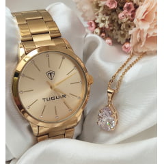 Kit Relógio Feminino Tuguir Dourado TG35010