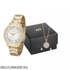 Relógio Mondaine Feminino Dourado  + Brinco e Colar 